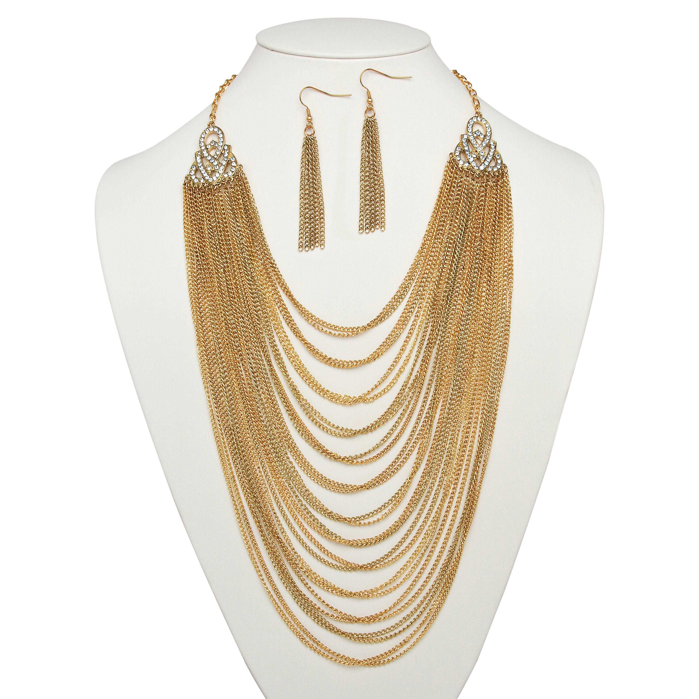 Crystal Accent Goldtone 2-Piece Waterfall Necklace and Earring Set 22 inches-25 inches, White / White, alternate image number 3