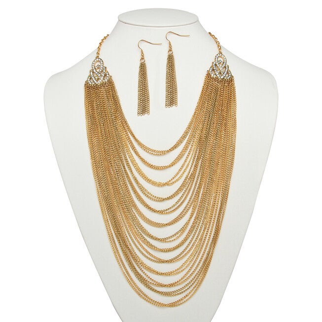Crystal Accent Goldtone 2-Piece Waterfall Necklace and Earring Set 22 inches-25 inches, White / White, alternate image number 3