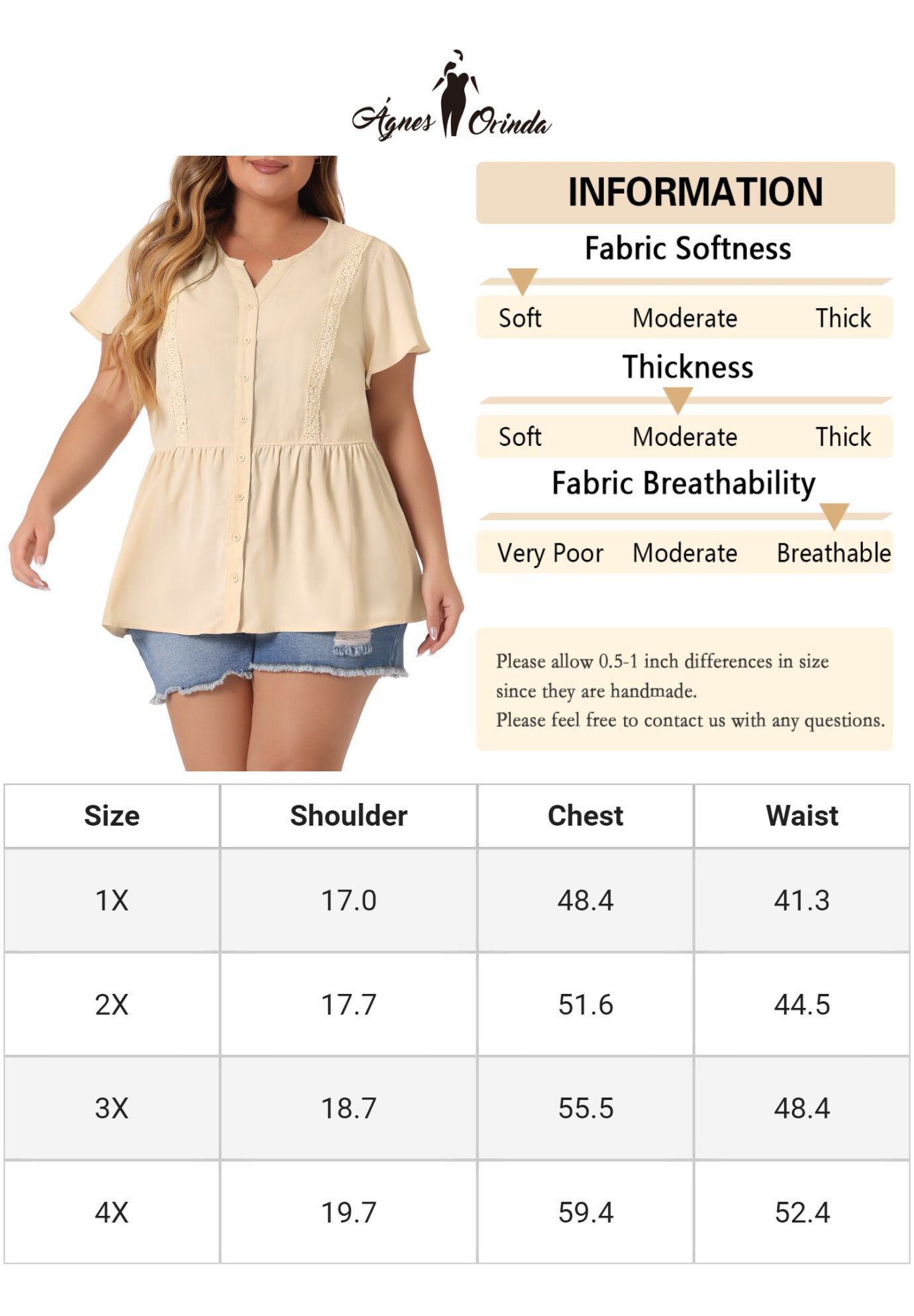 Button Down V Neck Blouse Shirt Short Sleeve Flare Peplum Top, Beige / Beige, alternate image number 4