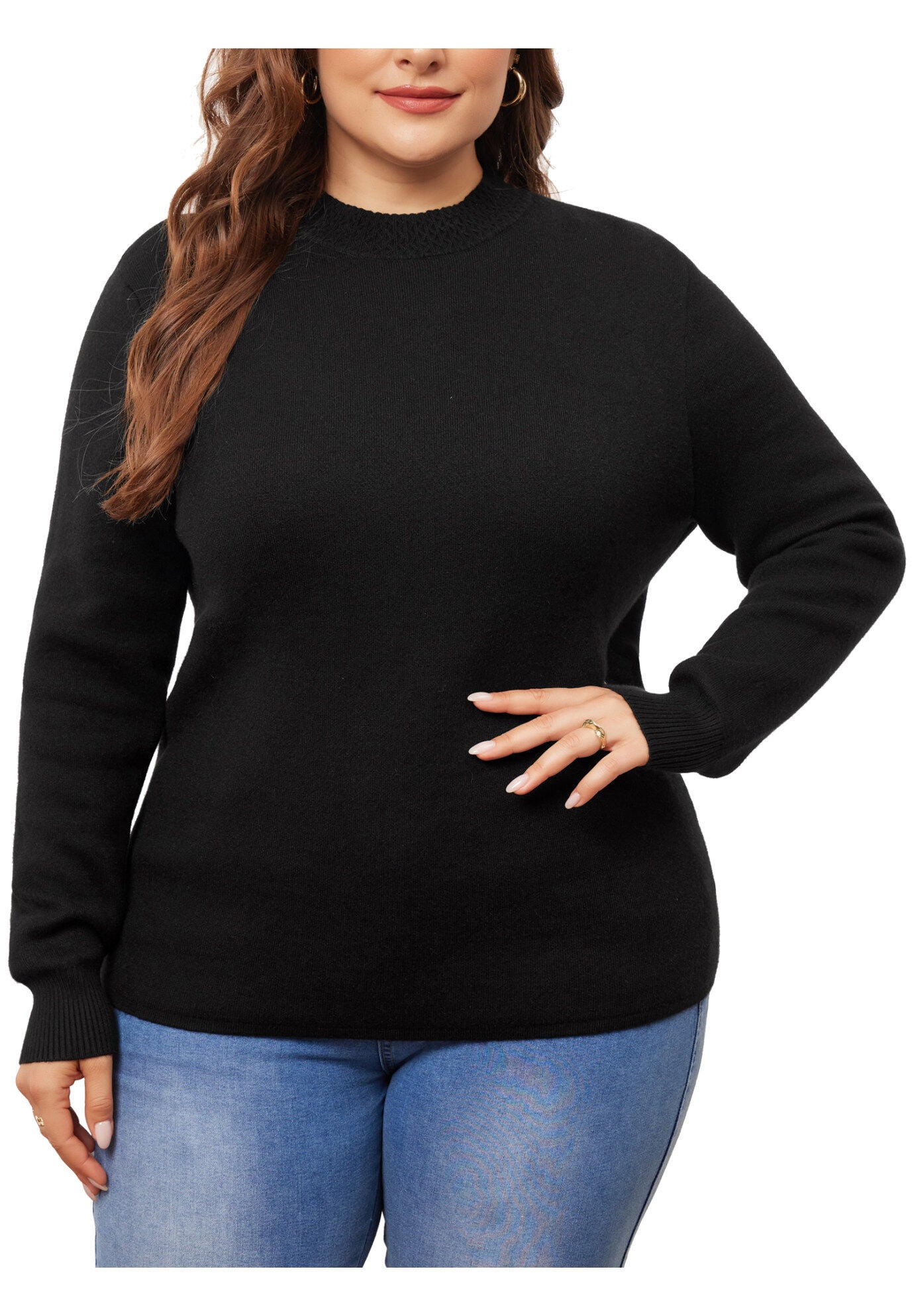 Crewneck Long Sleeve Knit Pullover Top, Black / Black, alternate image number 2