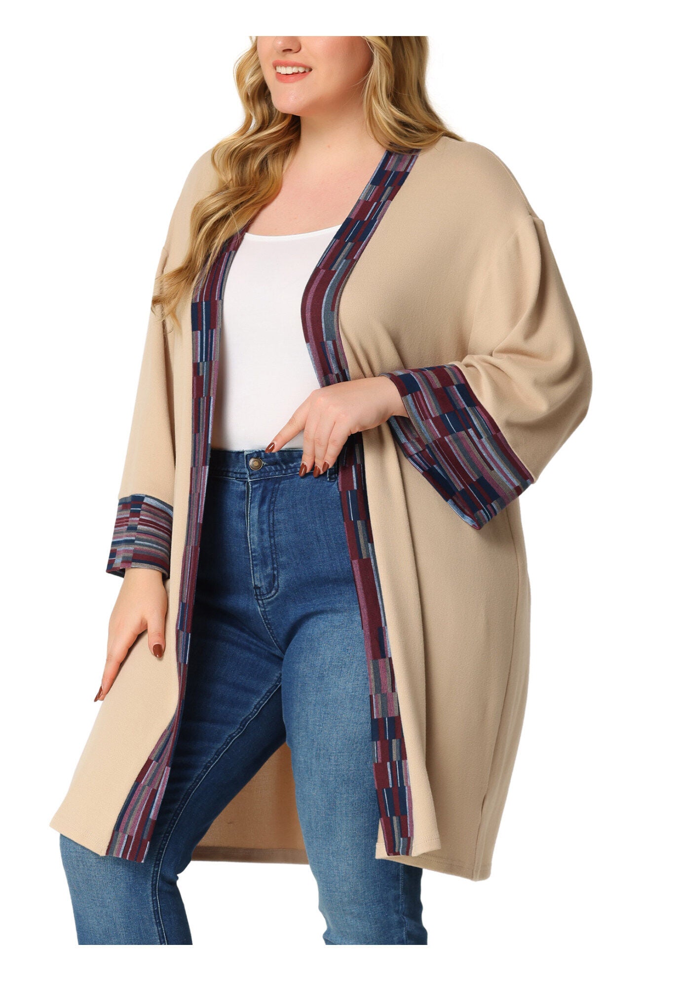 OPEN FRONT BOHO BOHEMIAN KNIT CARDIGAN, Khaki / Brown, alternate image number 2