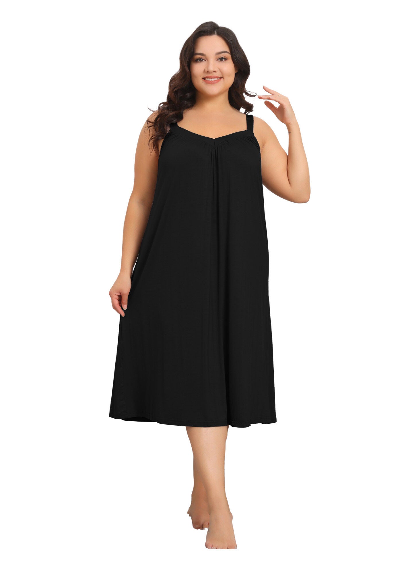 Spaghetti Strap V Neck Sleeveless Chemise Nightdress, Black / Black, hi-res image number 0