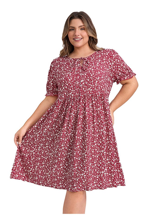 Floral Tie Neck Puff Sleeves Above Knee A-Line Dress with Pockets, Dark Red / Burgundy, hi-res image number null