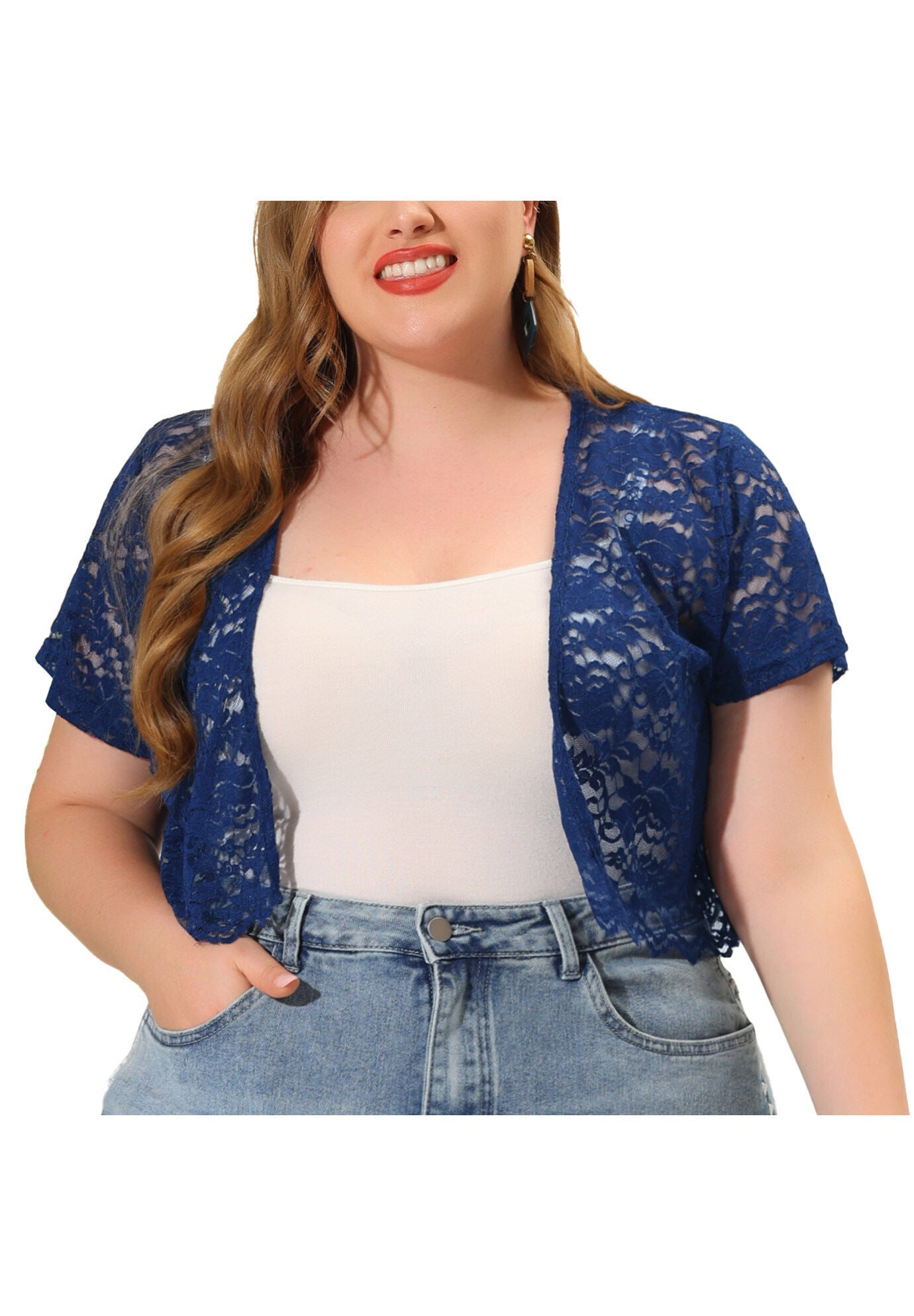 OPEN FRONT SHORT SLEEVE CROCHET LACE CROPPED BOLERO SHRUG CARDIGAN, Navy / Navy, alternate image number 1