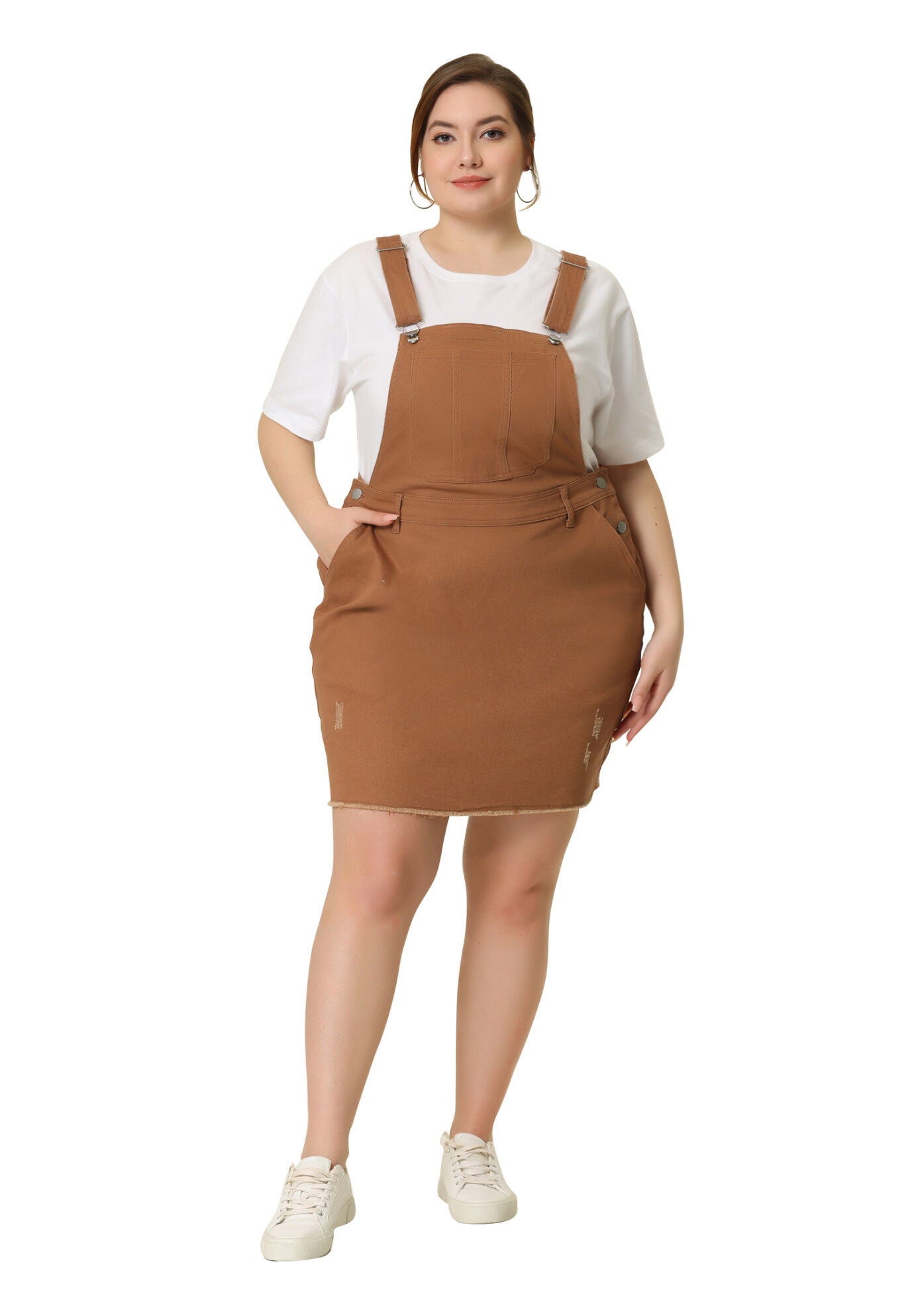 ADJUSTABLE STRAP DISTRESSED DENIM SUSPENDER SKIRT OVERALL DRESS, Brown / Brown, hi-res image number 0