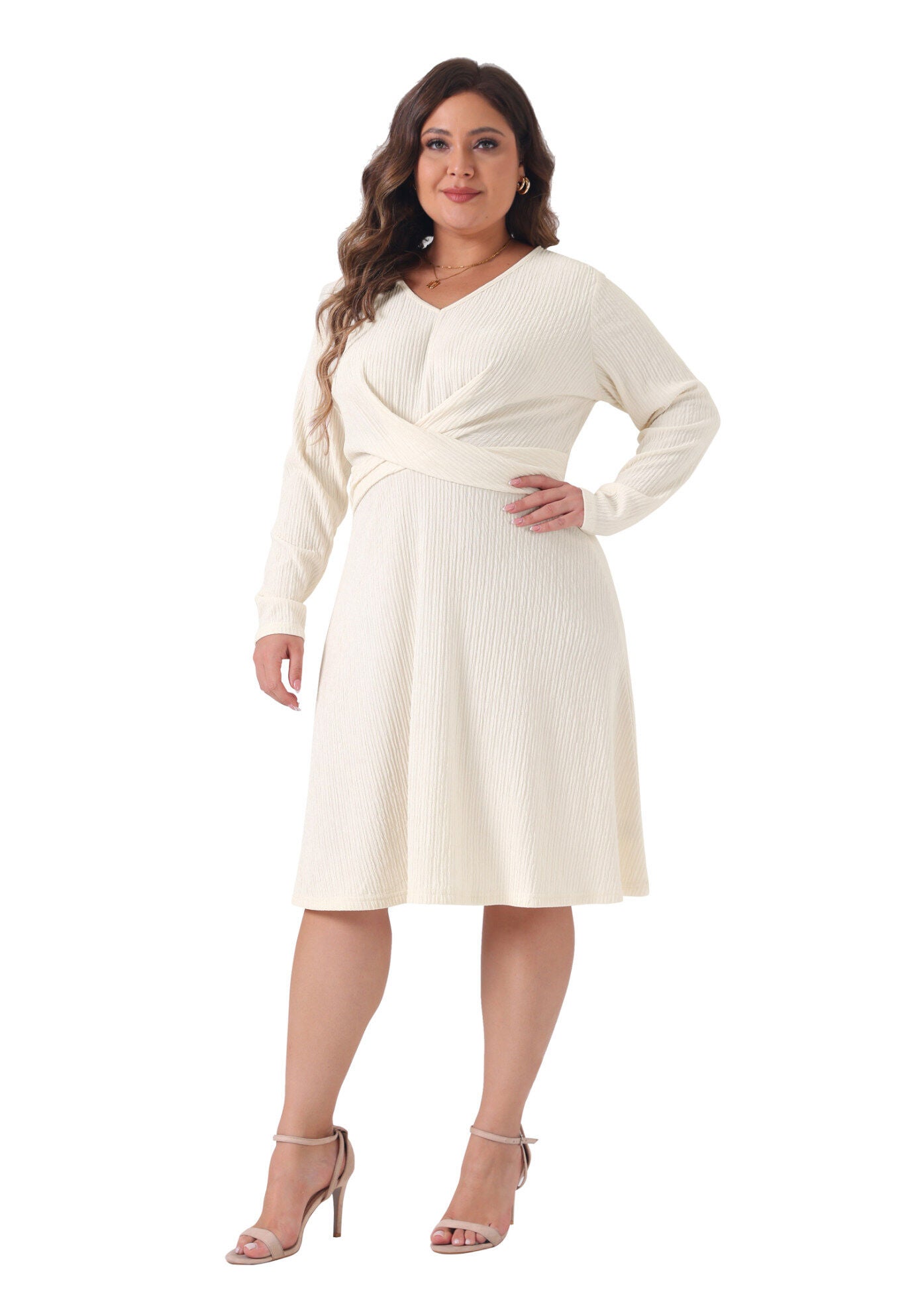 Long Sleeve Elegant Knitted Criss Cross V Neck Sweater Midi Dress, Beige / Beige, hi-res image number 0