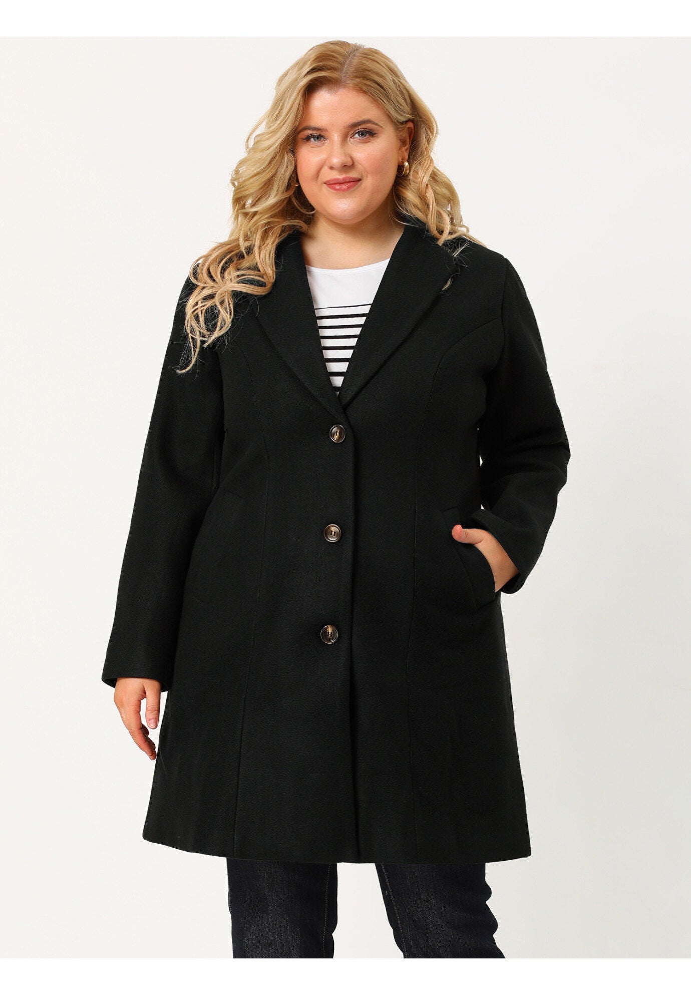 SINGLE BREASTED NOTCHED LAPEL LONG WINTER COAT, Black / Black, alternate image number 3