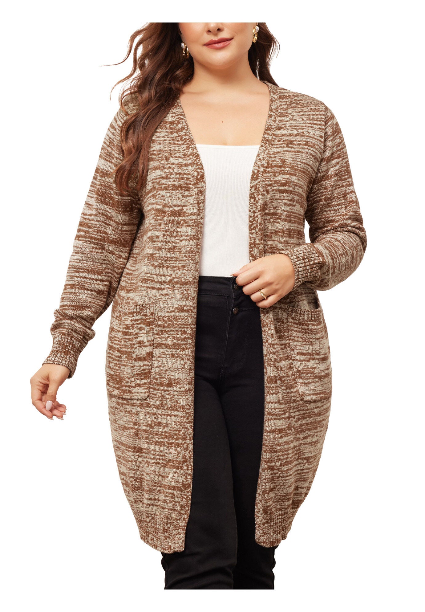 CONTRAST COLOR OPEN FRONT POCKETS SWEATER CARDIGAN, Brown / Brown, alternate image number 2