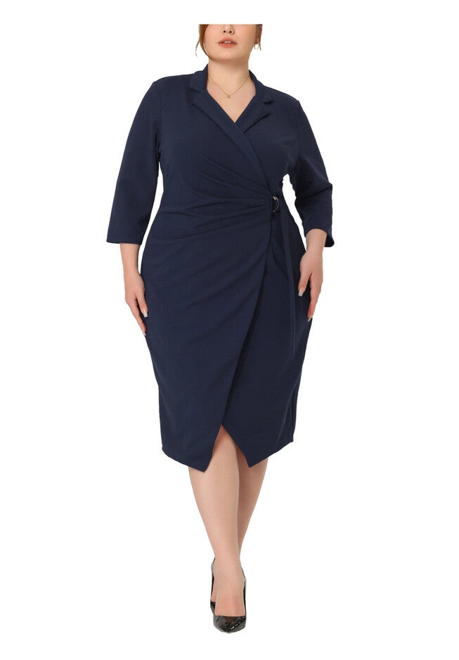 3/4 Sleeve Elegant Notched Lapel Cocktail Evening Sheath Dress, Navy Blue / Navy, alternate image number 2