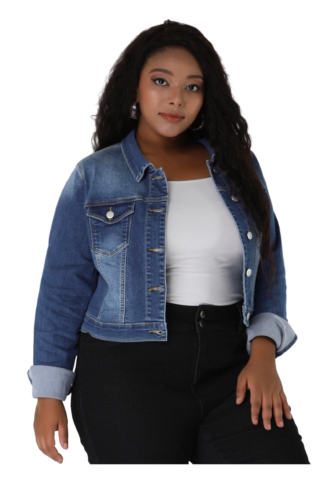 BUTTON CLOSED CROPPED DENIM JACKET, Blue / Light Blue, alternate image number 3