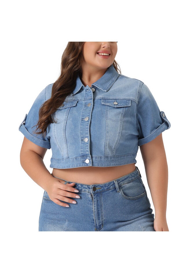 SHORT SLEEVE WASHED CROPPED DENIM JACKET, Light Blue / Light Blue, alternate image number null