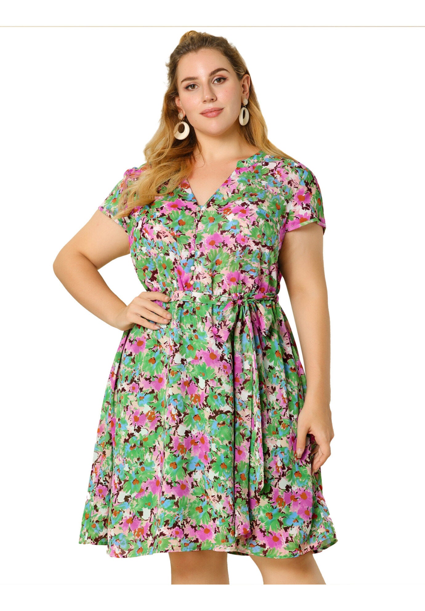 V Neck Belted Summer Floral Dress, Olive Green / Olive Green, alternate image number 3