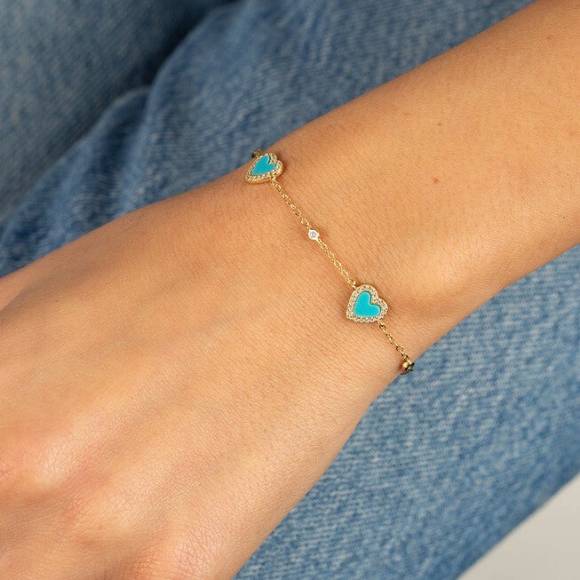 Pave Multi Heart Stone Bracelet Malachite One Size, Malachite / Hunter Green, alternate image number null