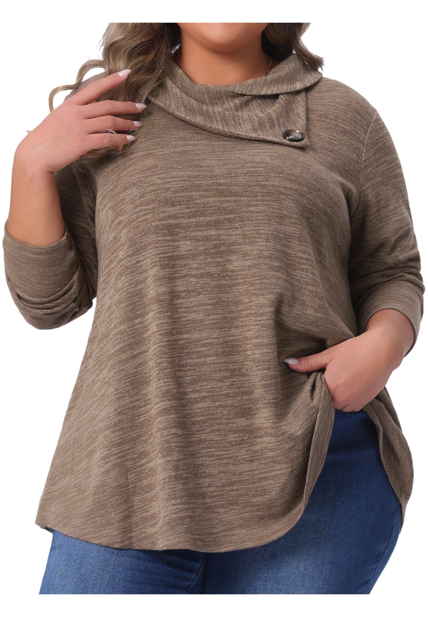 Cowl Neck Casual Loose Tunic Tops with Pockets, Brown / Brown, alternate image number 2