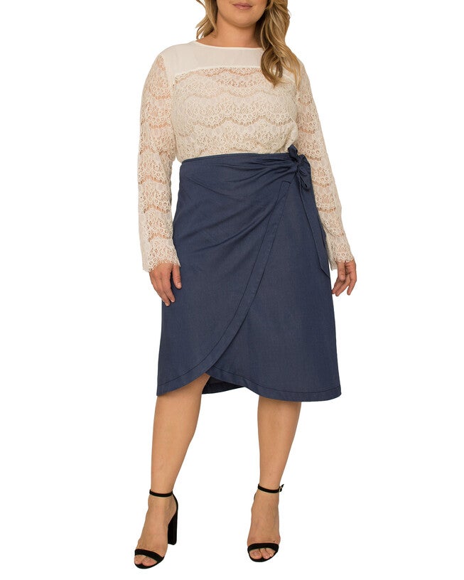 Brie Plus Size Dark Indigo High Waist Tie Wrap Tencel Skirt, 3197DKINDIGO / Navy, alternate image number null