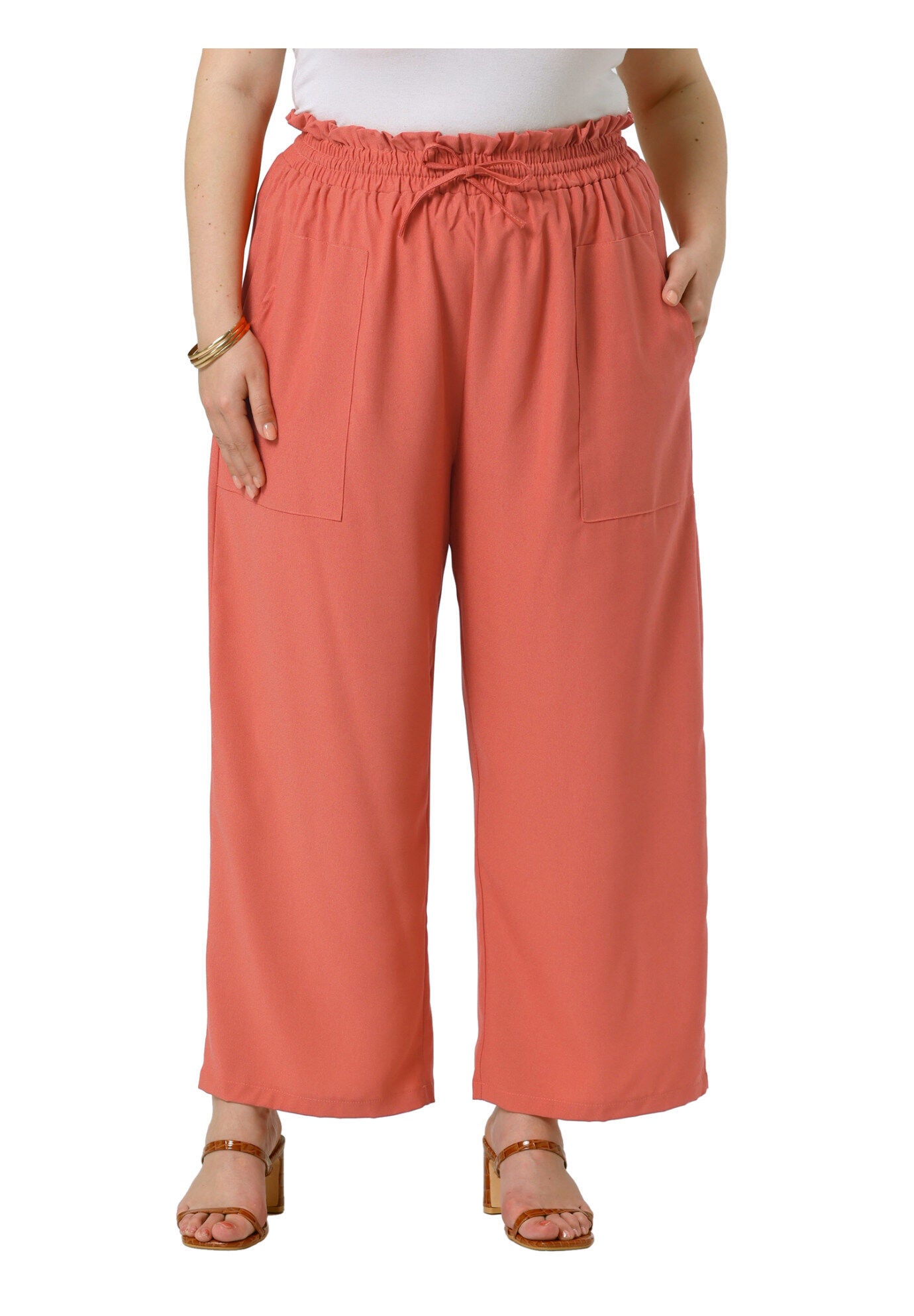 Baggy Wide Leg Elastic High Waist Palazzo Pants with Pockets, Brick Red / Terracotta, alternate image number 2