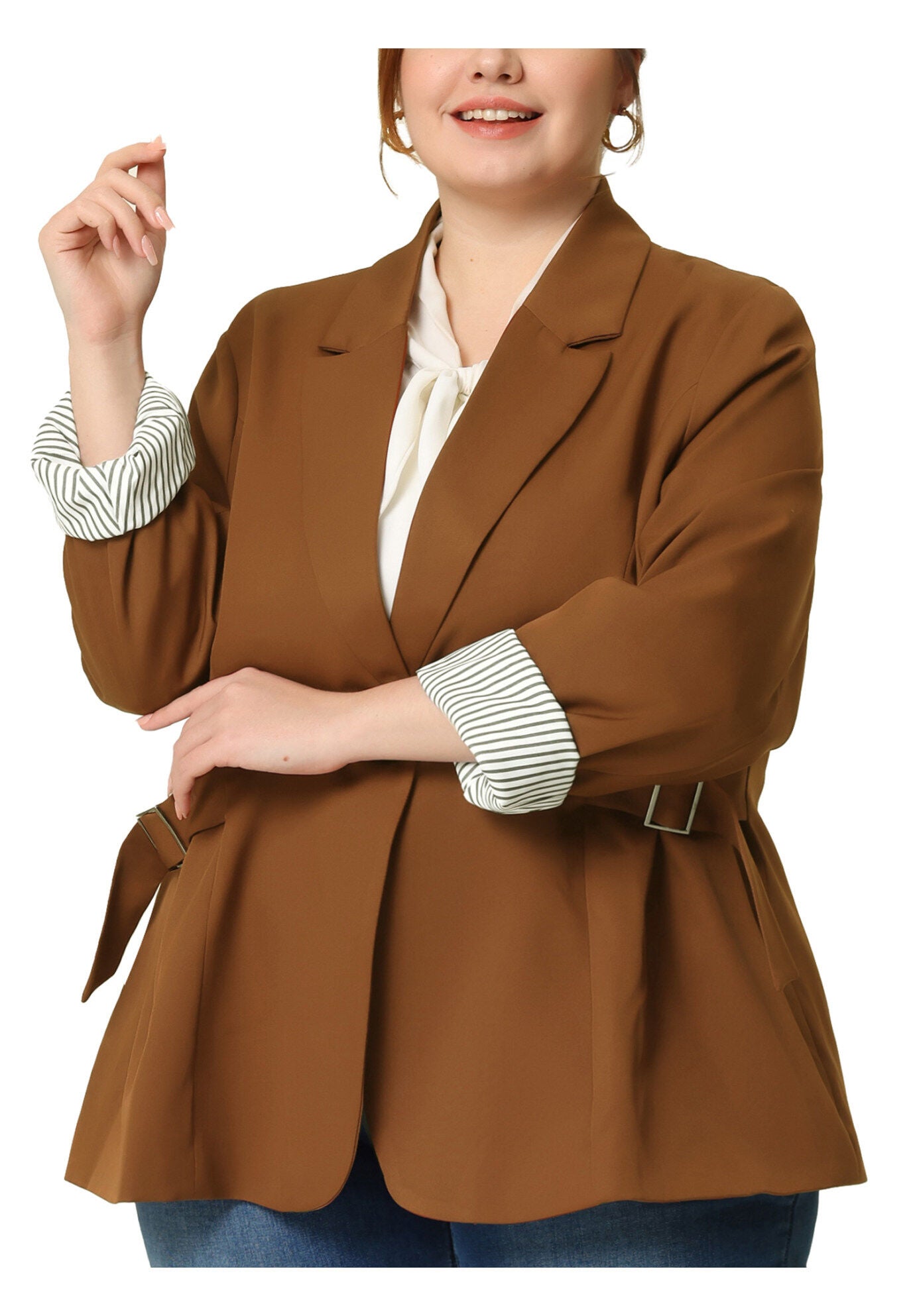 CONTRAST STRIPE CUFF NOTCHED LAPEL BLAZER, Brown / Brown, alternate image number 2