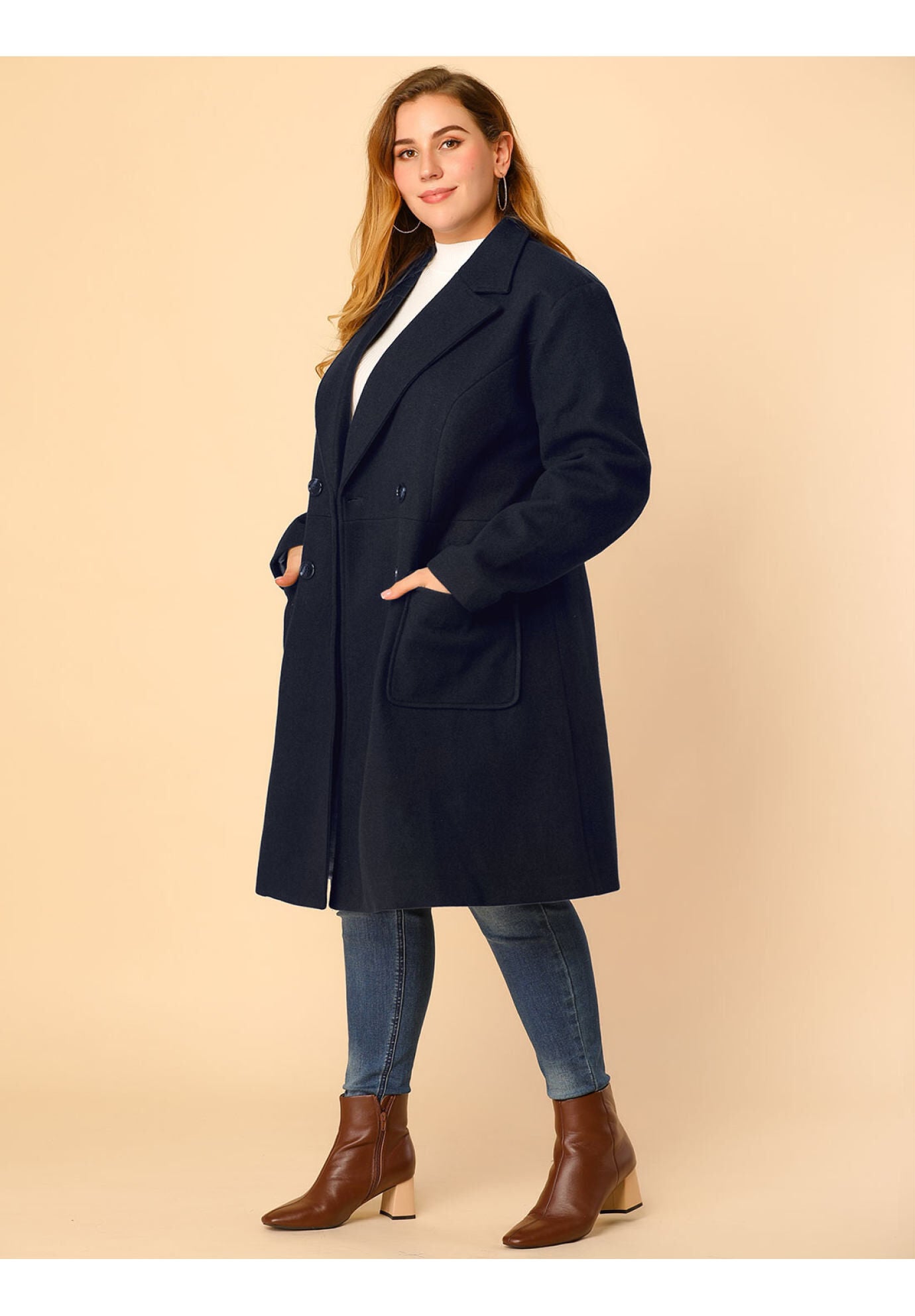 NOTCH LAPEL DOUBLE BREASTED PEA TRENCH COAT, Navy Blue / Navy, alternate image number 3