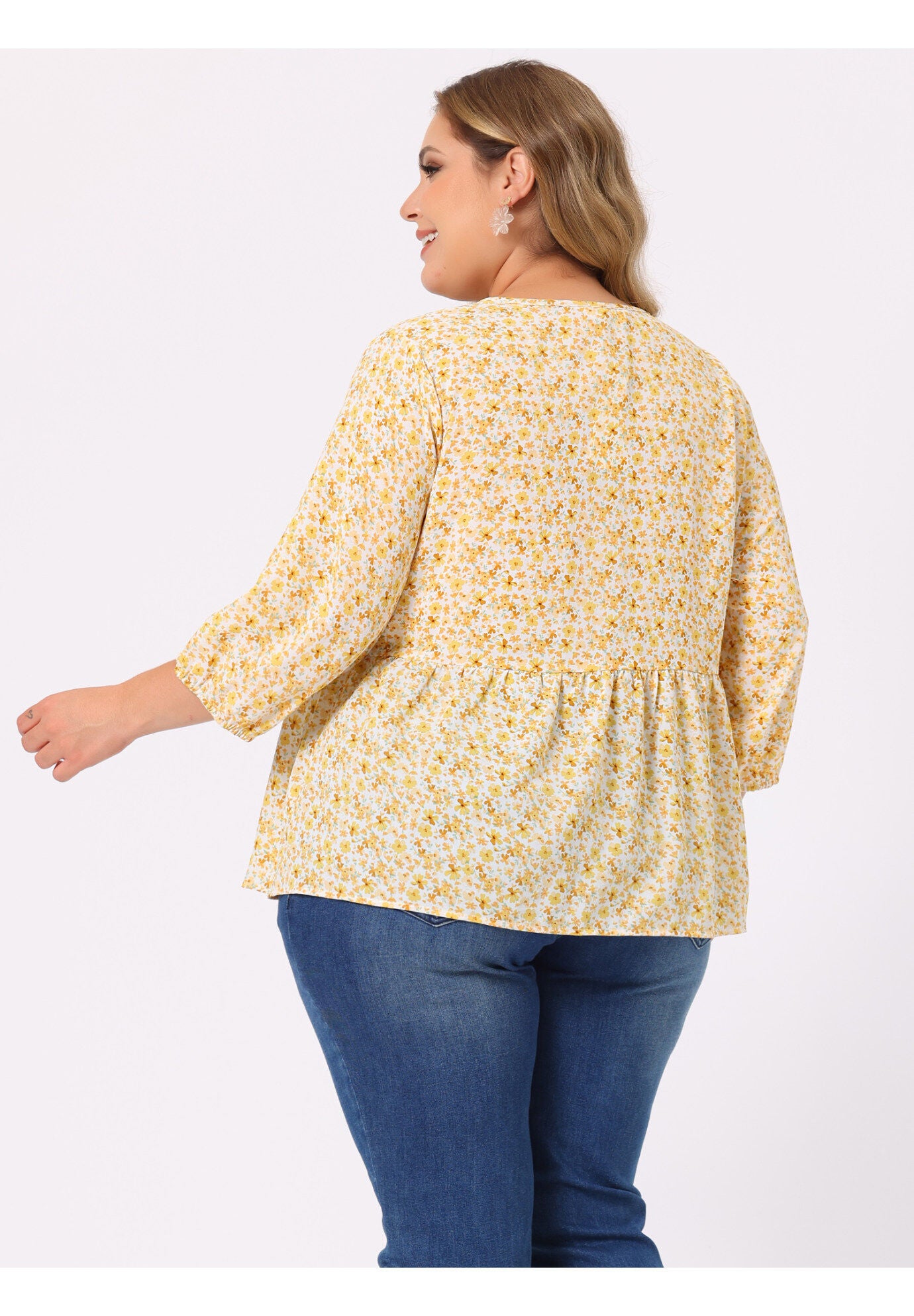 V Neck Babydoll Flowy 3/4 Lantern Sleeve Floral Blouse, Beige / Beige, alternate image number 3
