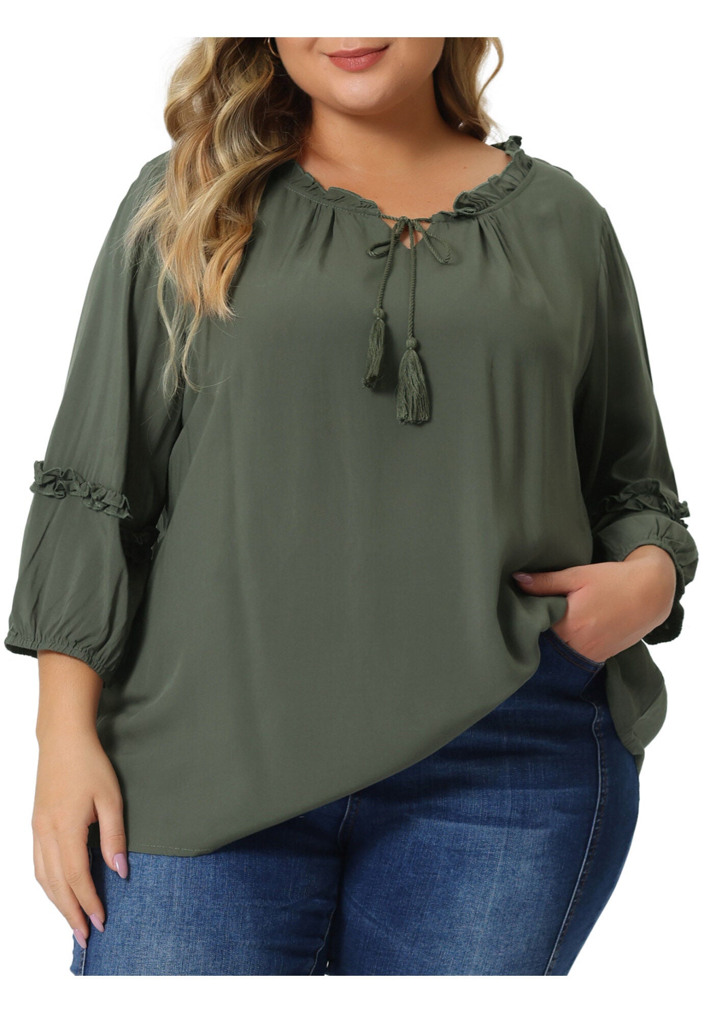 TIE NECK TASSEL SELF FLUTTER 3/4 SLEEVE BLOUSE TOP, Army Green / Olive Green, alternate image number 1