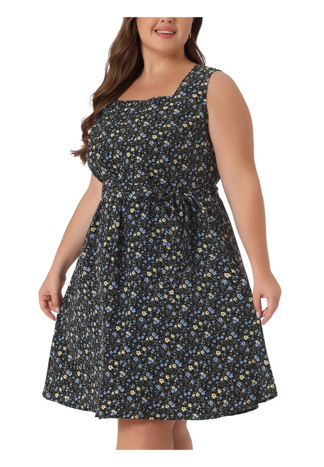 Sleeveless Square Neck Floral Printed Midi Dress, Black / Black, alternate image number null