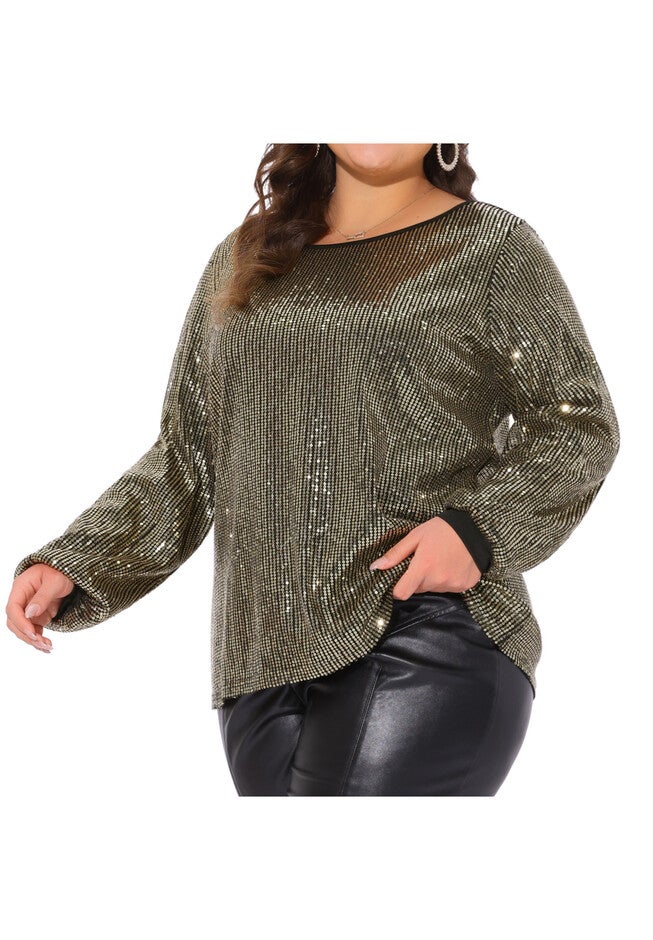 Long Sleeve Glitter Party Sparkly Sequin Top, Gold / Gold, alternate image number 1
