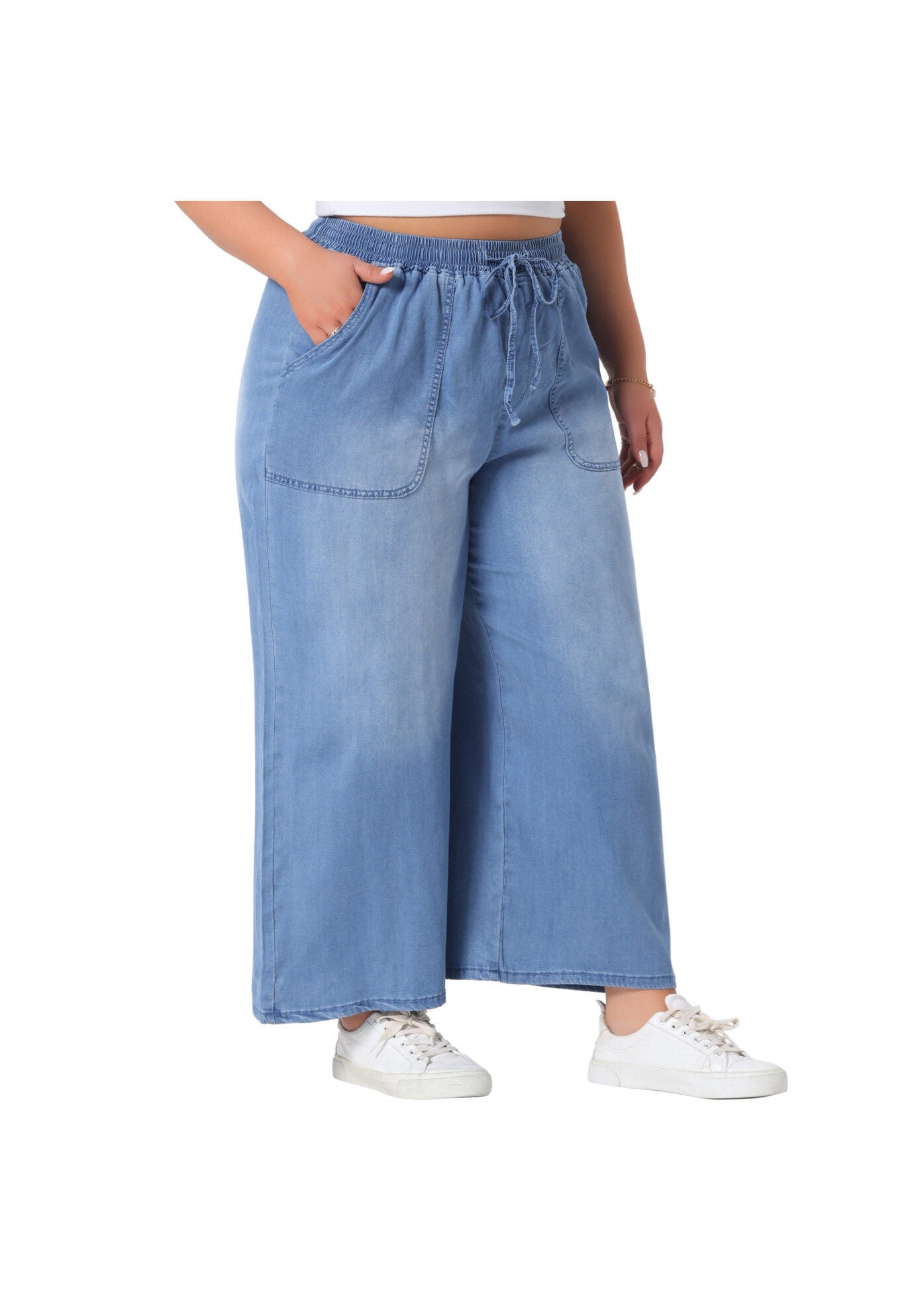 Drawstring Waist Wide Leg Chambray Palazzo Pants, Light Blue / Dusty Blue, alternate image number 2