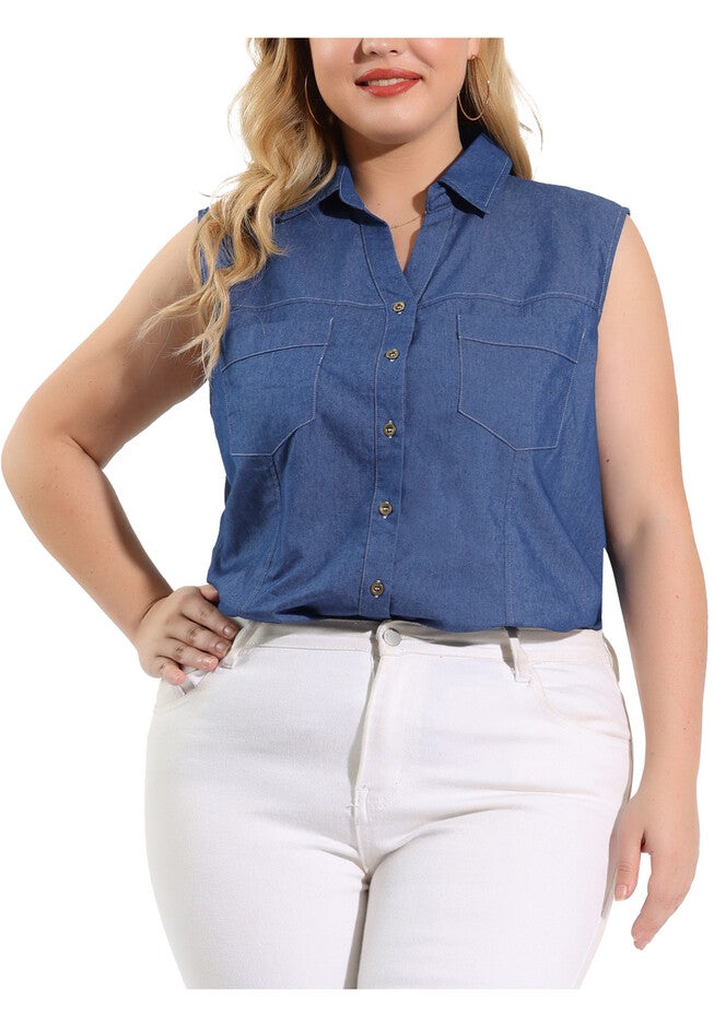 Sleeveless Button Down Shirt Chambray Top, Blue / Chambray Denim Medium, alternate image number 4