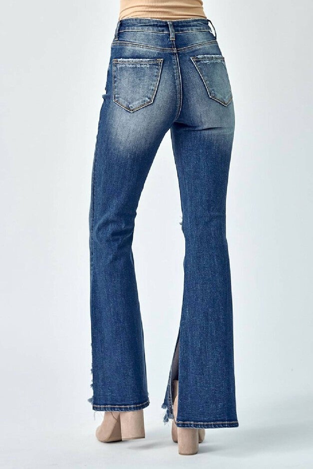 WOMEN'S FLARE DISTRESSED HIGH RISE SLIT JEANS IN BLUE, , alternate image number null