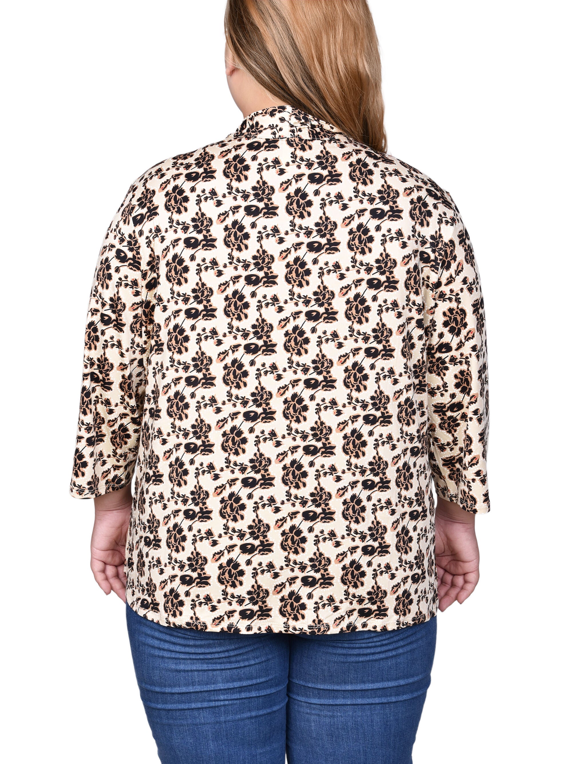 Puff Print 3/4 Sleeve Two-Fer Top, Nude Black Floral, alternate image number 1