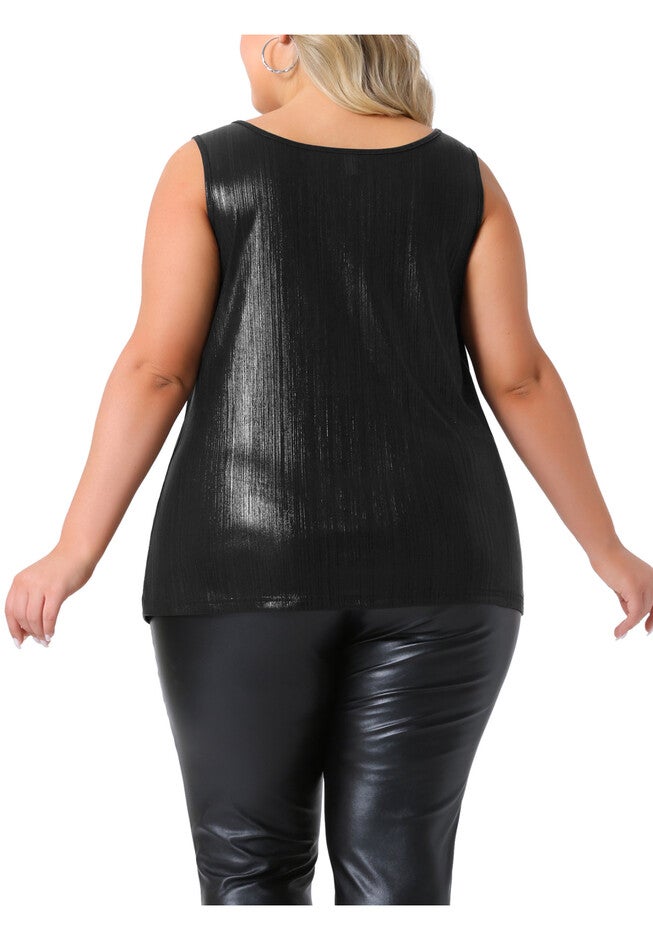 Crew Neck Sleeveless Holographic Shiny Metallic Tank Top, Black / Black, alternate image number 3
