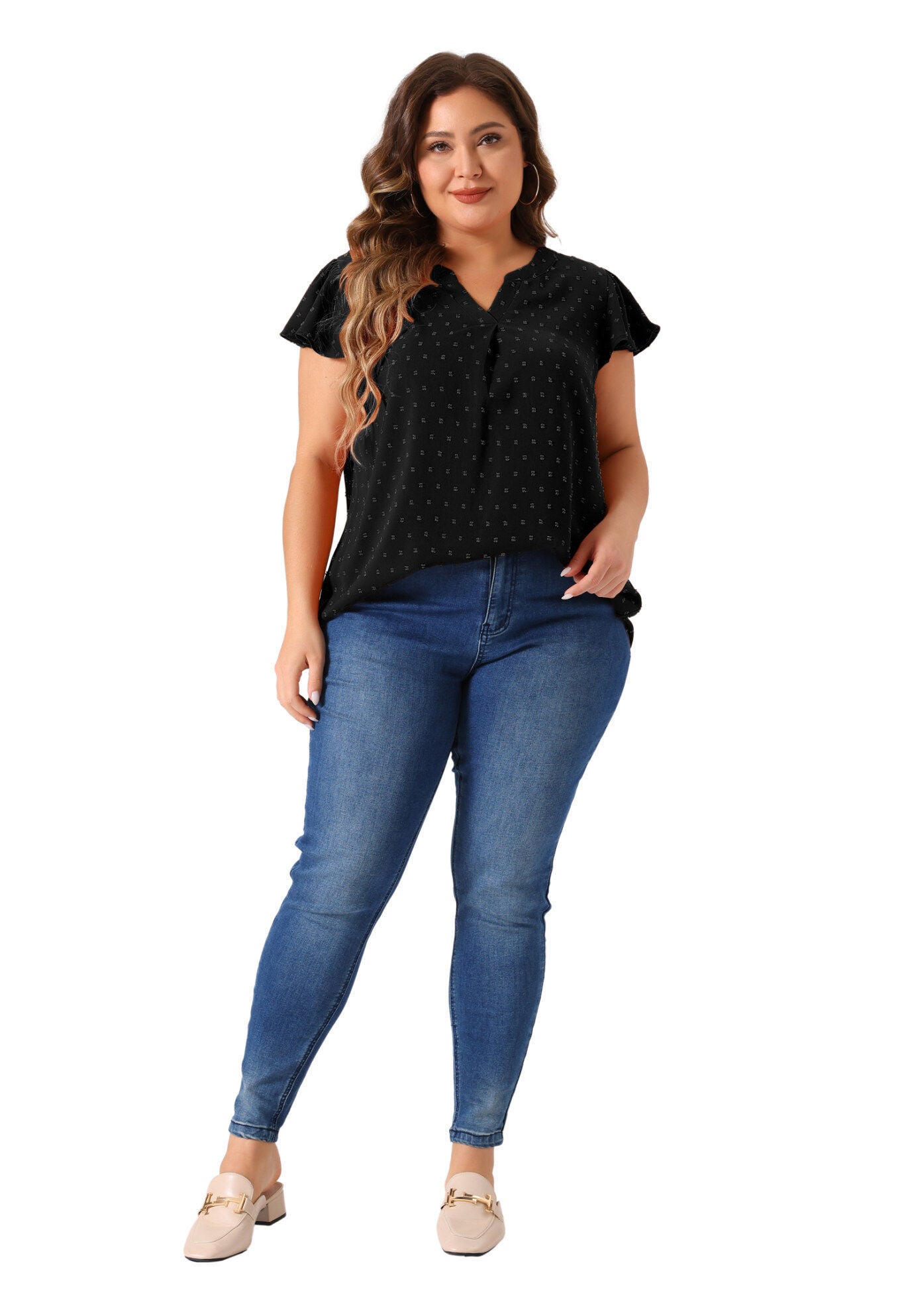 Swiss Dots Notched Neck Ruffle Sleeve Blouse, Black / Black, hi-res image number 0