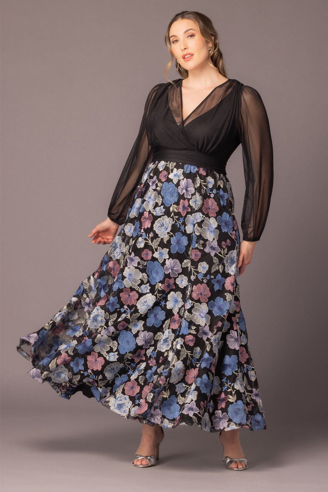 Isabella Embroidered Mesh Gown, Floral Frolic / Black, alternate image number 4