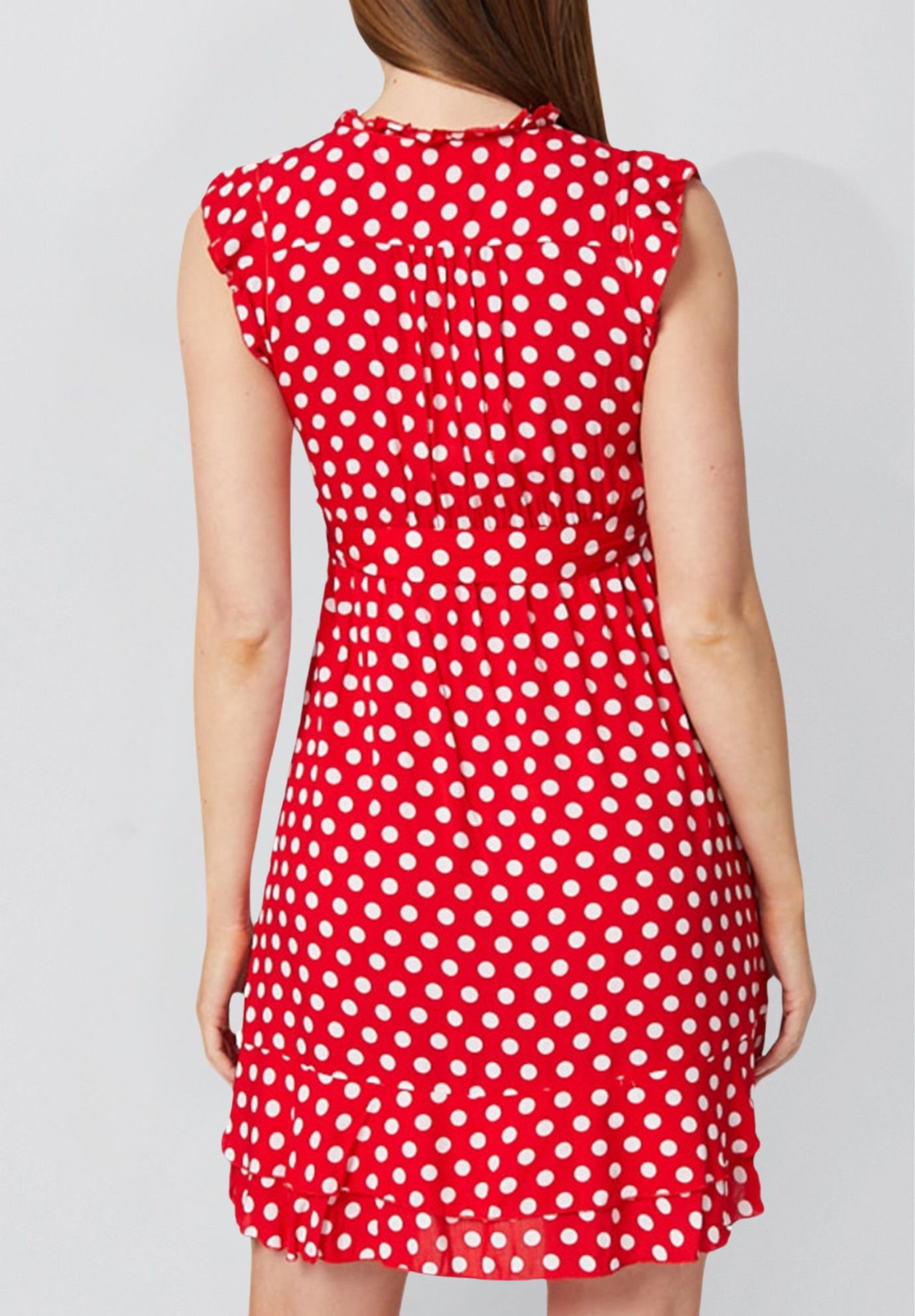 Annick - Natasha Polka Dot Short Dress with Belt, Pockets, and Ruffle Trim, Red / Red, alternate image number 4