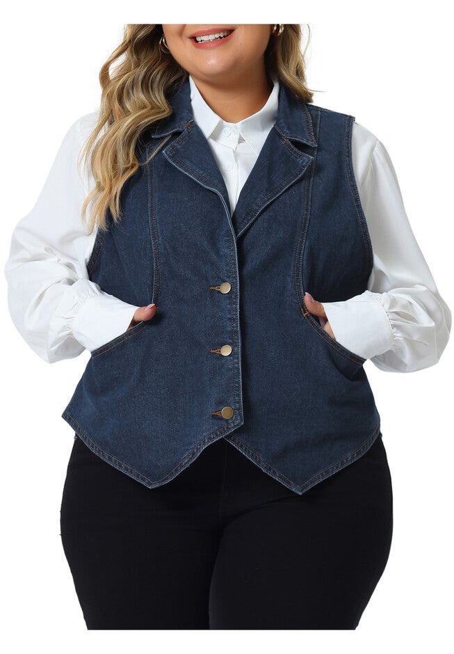 LAPEL SLEEVELESS WAISTCOAT JEAN DENIM VEST, Dark Blue / Navy, alternate image number 1