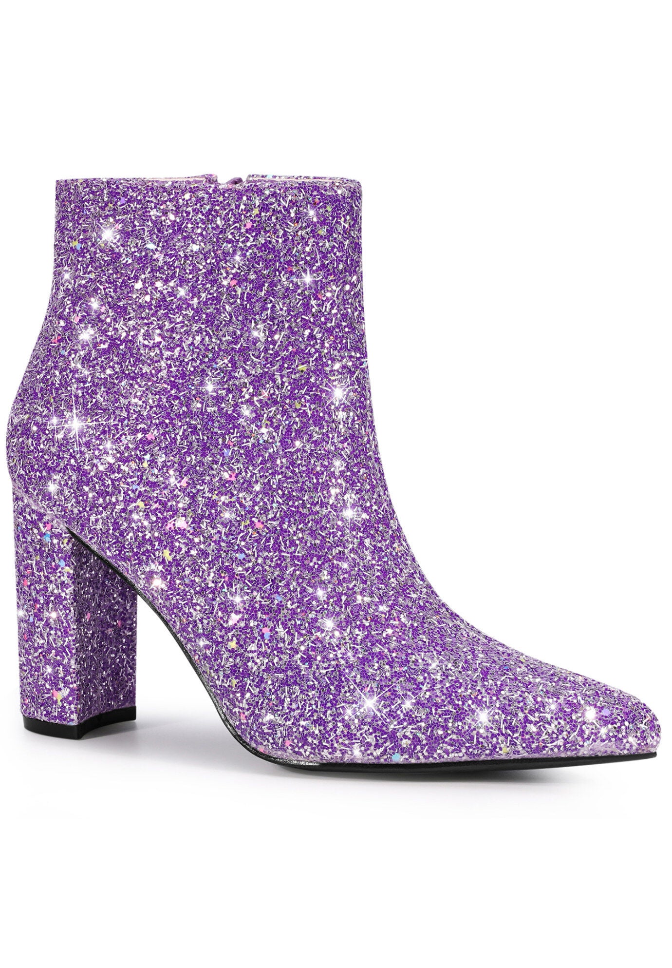 Glitter Pointed Toe Chunky Heels Sparkly Booties, Purple / Purple, hi-res image number 0