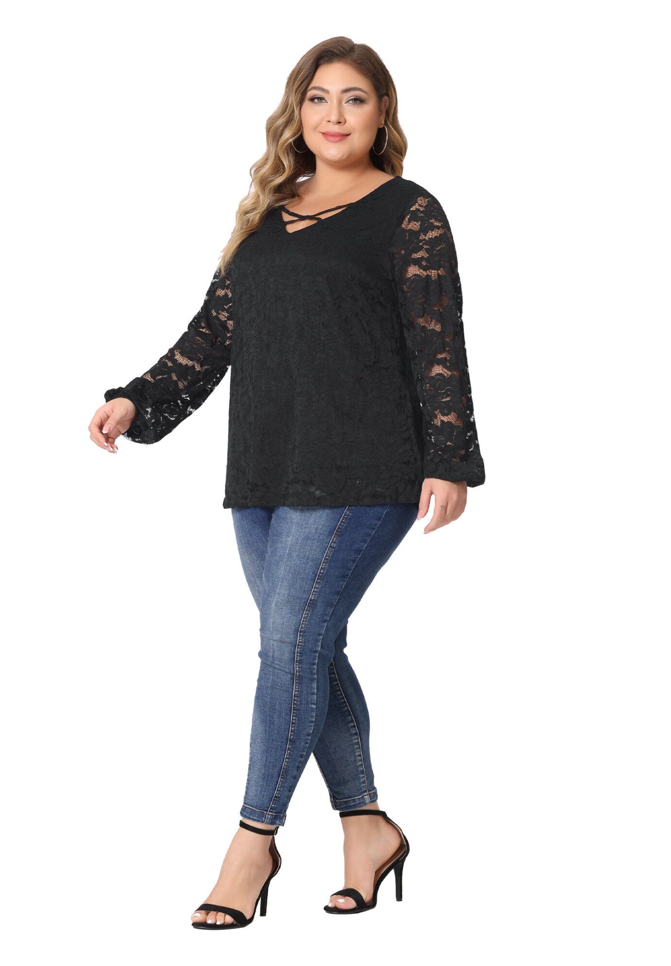LACE BLOUSE CROSS V NECK SHEER DOUBLE LAYER LONG SLEEVE TOP, Black / Black, hi-res image number 0