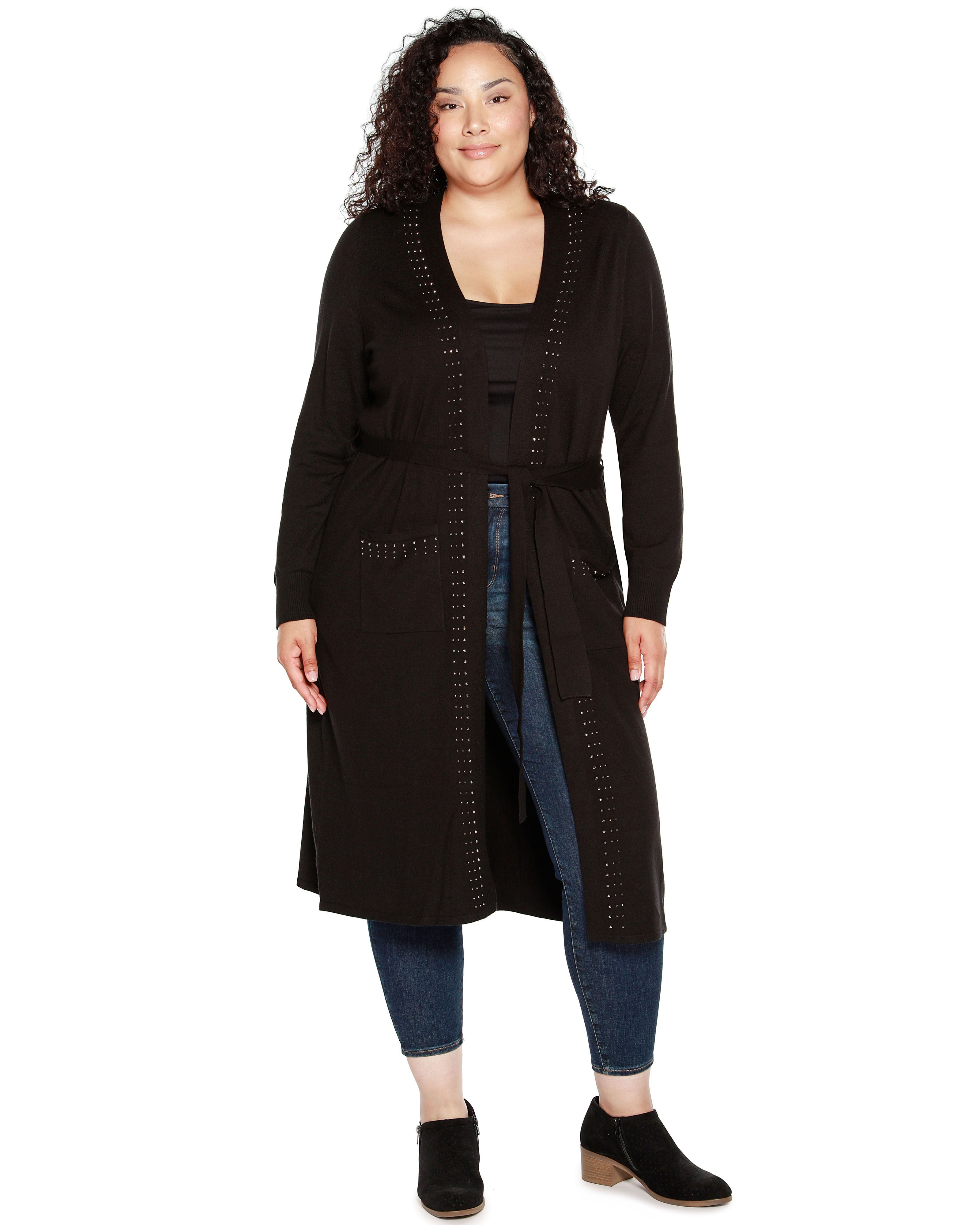 RHINESTONE-TRIM BELTED DUSTER CARDIGAN, Black / Black, hi-res image number 0