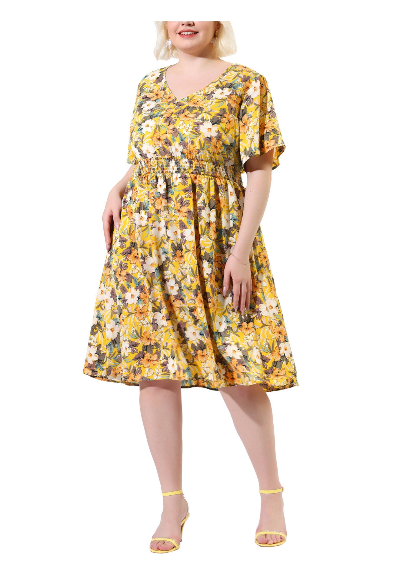 Summer Elastic Waist V Neck Short Sleeve Floral Midi Dress, Yellow / Yellow, alternate image number 1