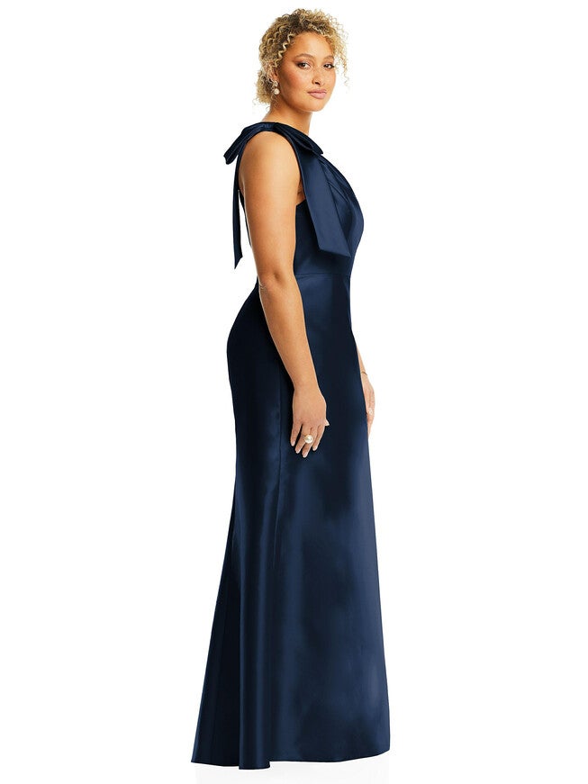 Bow One-Shoulder Satin Trumpet Gown, Midnight Navy / Navy, alternate image number 3