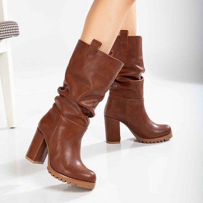 ANAIS - COGNAC BROWN SLOUCH PLATFORM BOOTS, BROWN / Brown, alternate image number 1