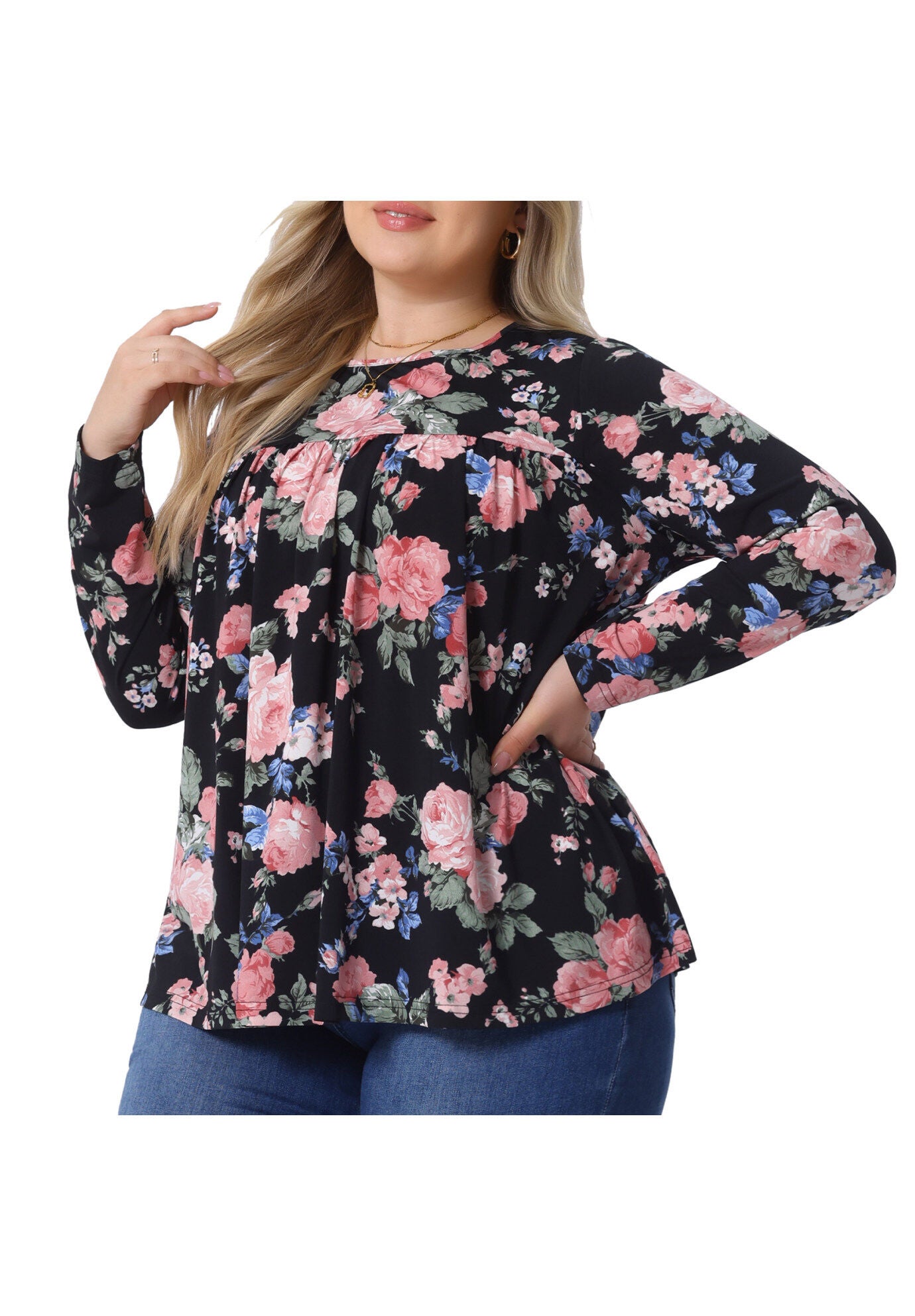 Long Sleeve Tunic Pleated Crew Neck Blouse, Black / Black, alternate image number 2