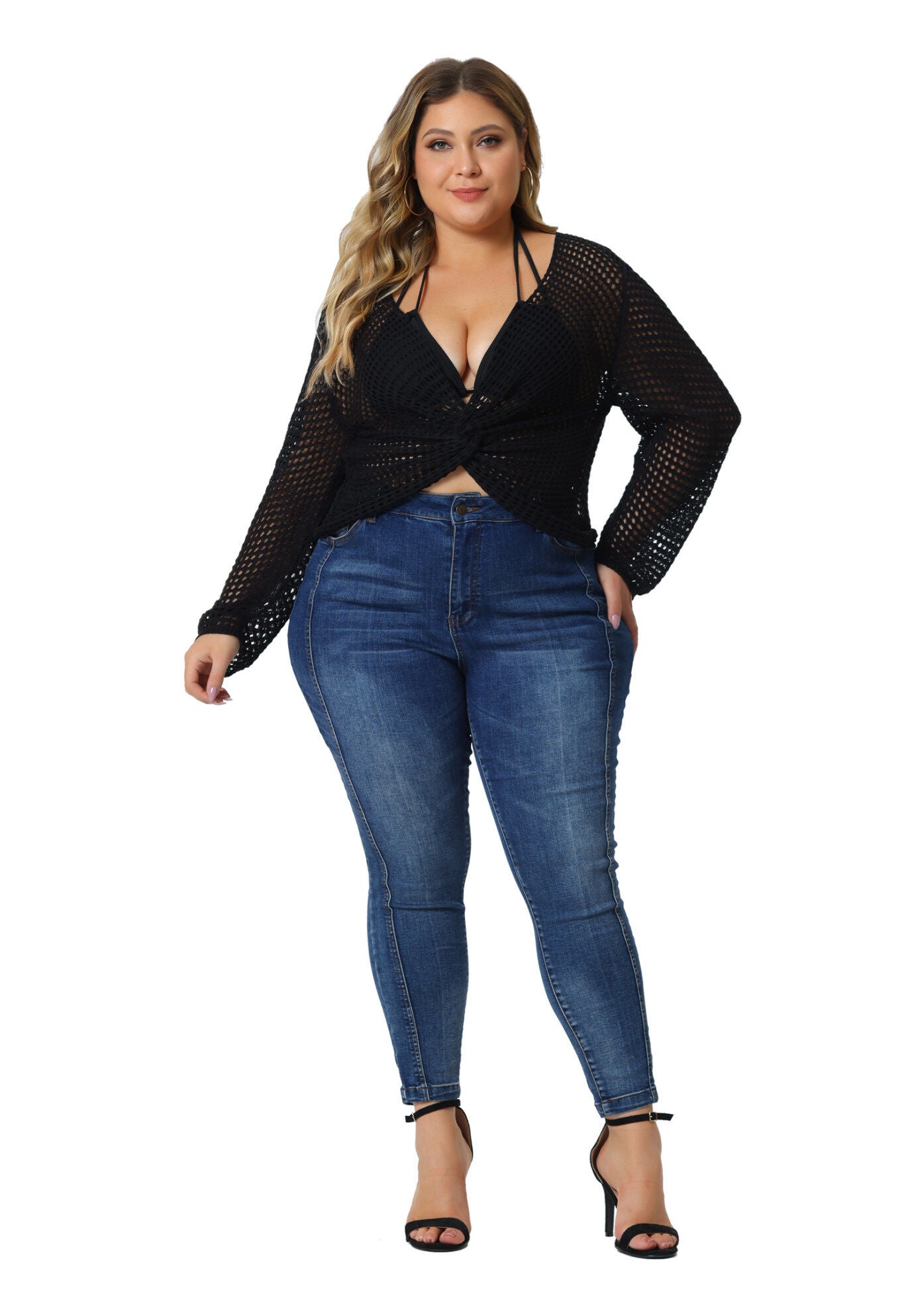 Mesh Crochet Crop Top Hollow Out Knit See Through Cover Up, Black / Black, hi-res image number 0