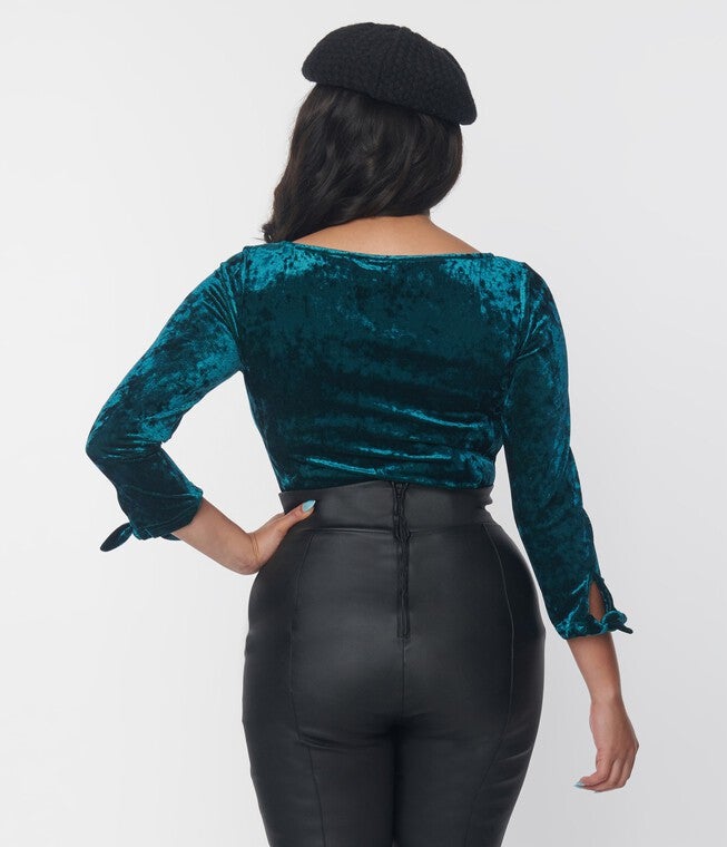 Unique Vintage Emerald Green Crushed Velvet Gracie Top, Emerald Green / Hunter Green, alternate image number null