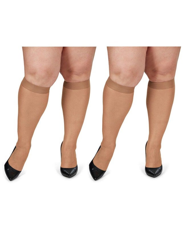 Silky Sheer Plus Size Curvy Knee High Stockings 2 Pack, Honey / amber, alternate image number 1