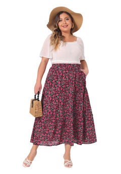Summer Floral Flowy Stretchy Waist Layered A Line With Pocket Maxi Skirt