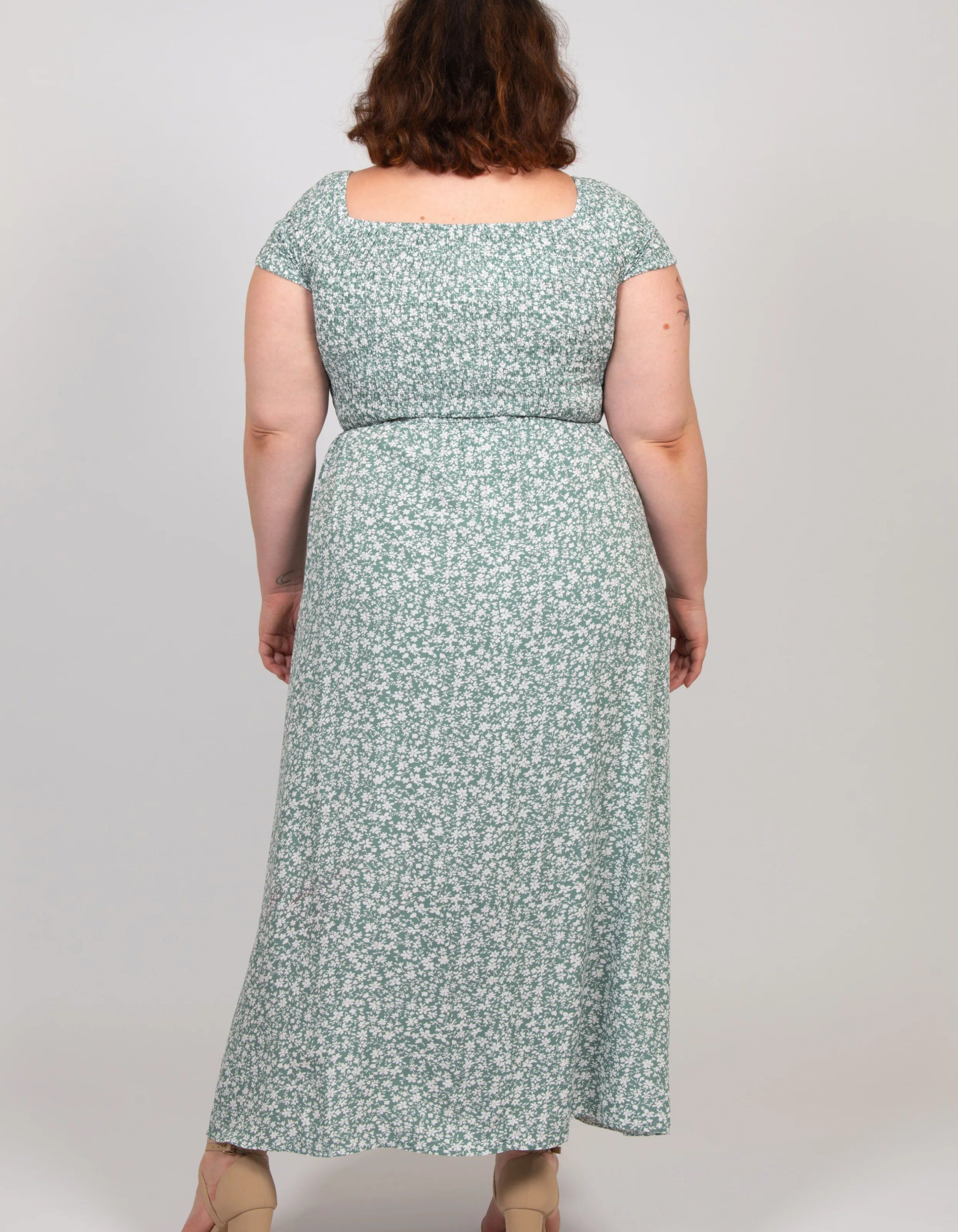 Daphne Midi Dress On-Off Shoulders Side Slit Floral, Green / Sage Green, alternate image number 1