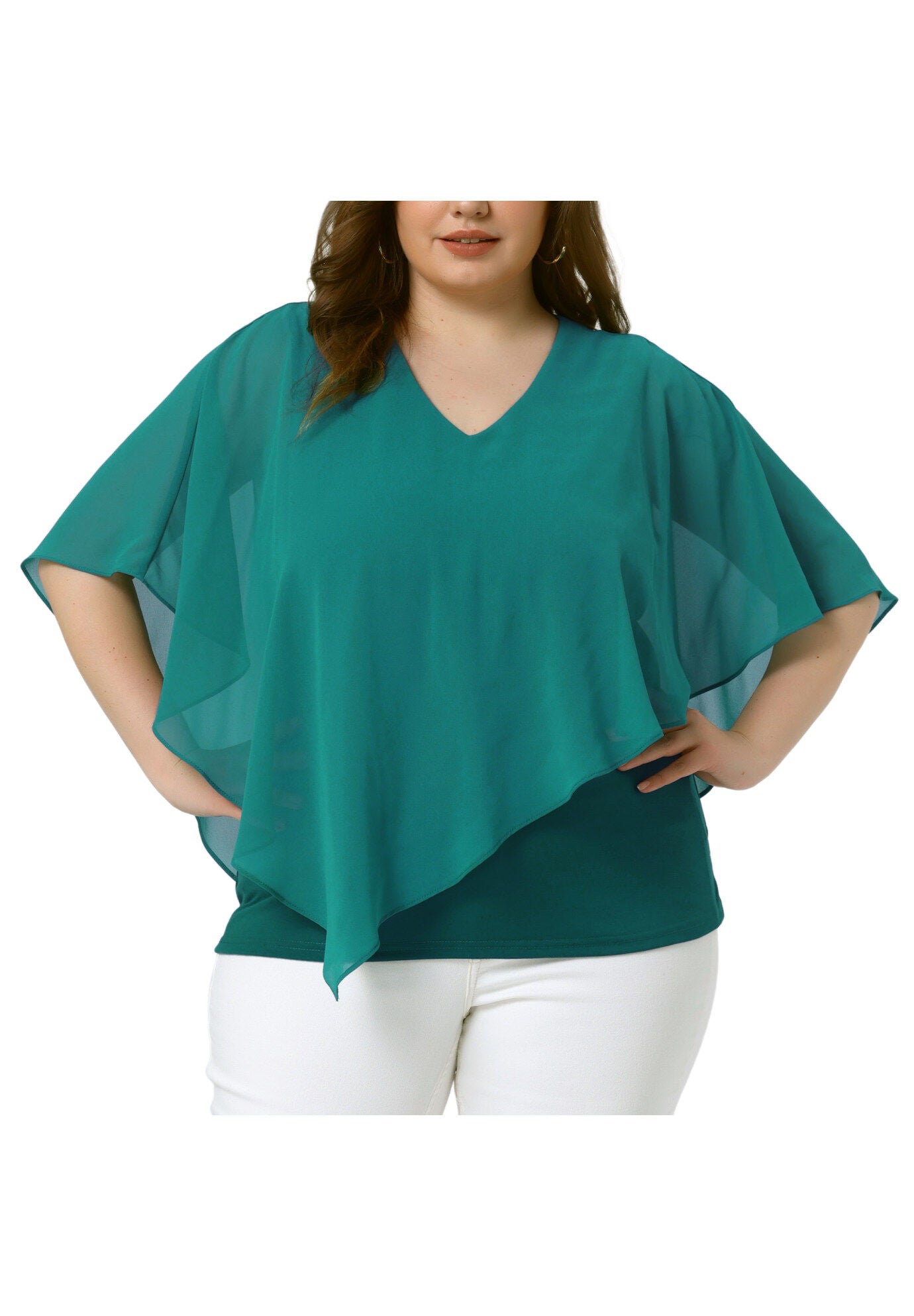 V Neck Flowy Shirt Double Layered Chiffon Top, Lake Green / Turquoise, alternate image number 2