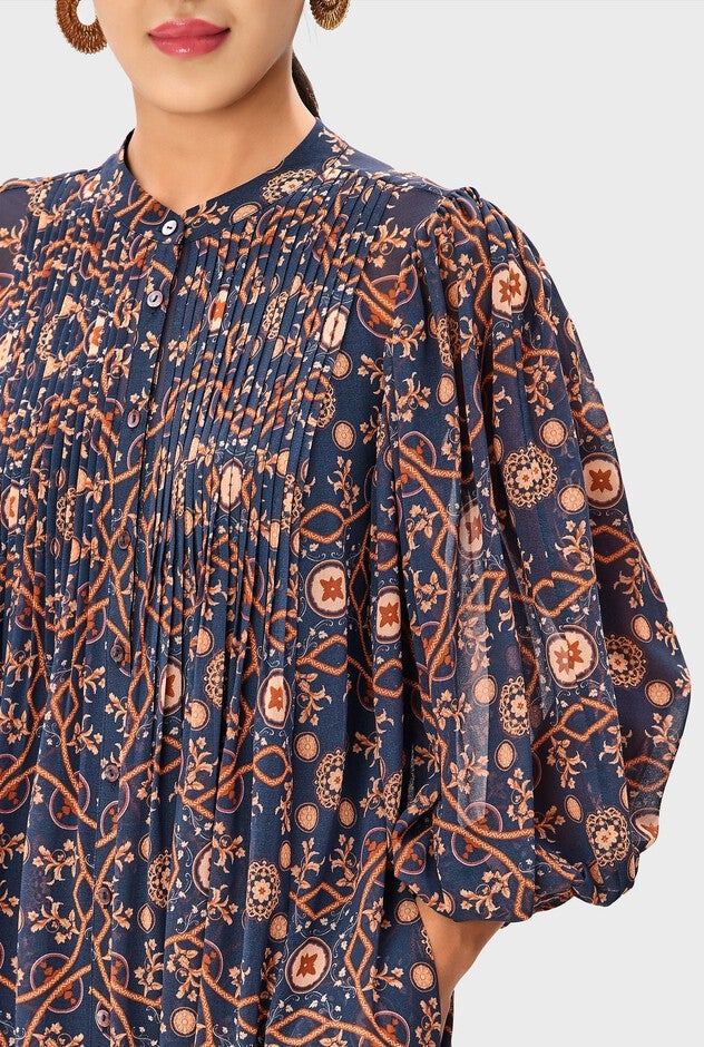Floral Tile Print Georgette Pintuck Shift Dress, Navy / Beige, alternate image number 4