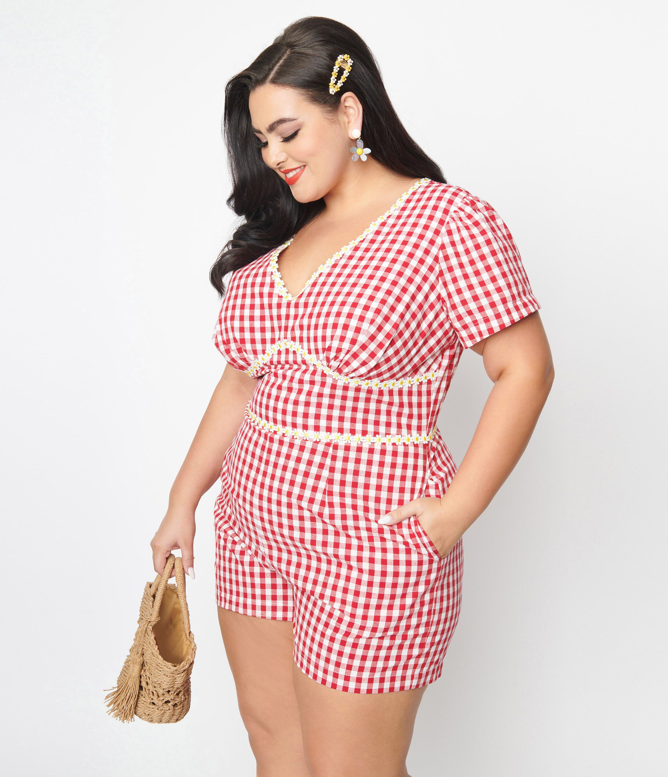 Unique Vintage Red Gingham & Daisy Romper, Red Gingham  Daisy / Red, hi-res image number 0